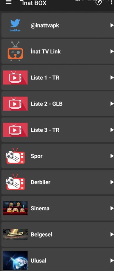İnat Box ana menü ekranı; @inattvapk, İnat TV Link ve Liste 1–TR, Liste 2–GLB, Liste 3–TR ile Spor, Derbiler, Sinema, Belgesel, Ulusal kategorileri.