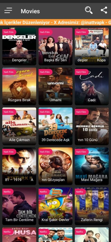 “İnat TV Pro uygulamasında yer alan filmler ekranı – Denge, Başka Bir Sen, Rüzgara Bırak, Umami, Cadı, Mavi Mağara ve diğer Türk filmleri”