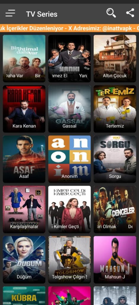 “İnat TV Pro uygulamasında yer alan Türk dizileri ekranı – Kara Kenan, Gassal, Tertemiz, Asaf, Düğüm ve diğer popüler diziler”