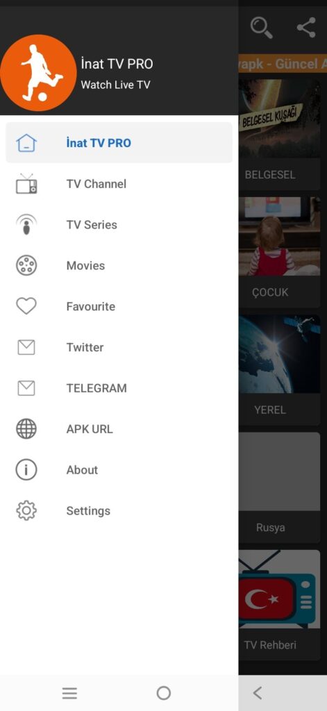 “İnat TV Pro uygulamasının menü ekranı – TV Channel, TV Series, Movies, Favourite, Telegram ve Ayarlar seçenekleri”