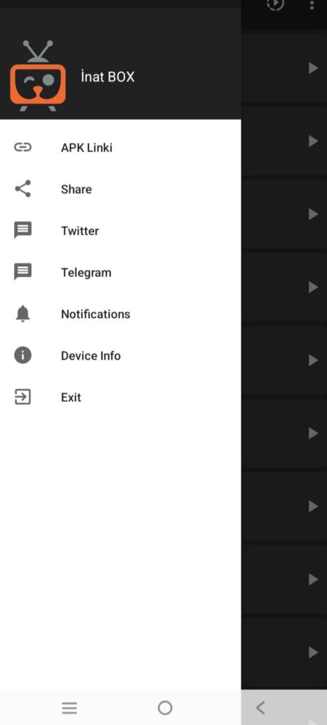 İnat Box yan menü ekranı; öğeler: APK Linki, Share, Twitter, Telegram, Notifications, Device Info, Exit.