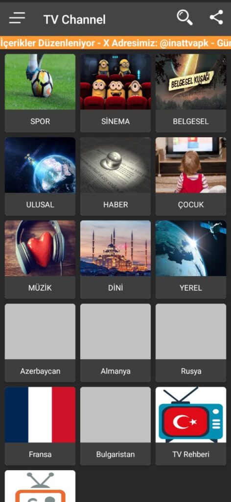 “İnat TV Pro uygulamasında TV Kanal kategorileri – Spor, Sinema, Belgesel, Haber, Çocuk, Müzik, Dini, Yerel ve uluslararası kanallar”