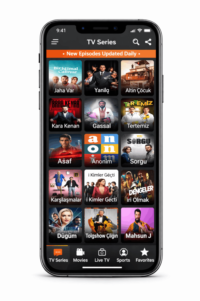 Inat TV Pro Android uygulamasında Türk dizileri kategorisi ve dizi afişleri ekranı