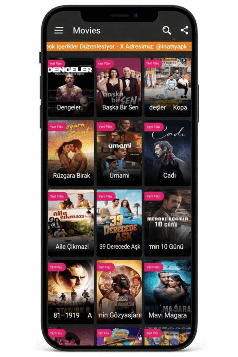 İnat TV Pro Android uygulamasında yerli film kategorisi ve film afişleri görünümü