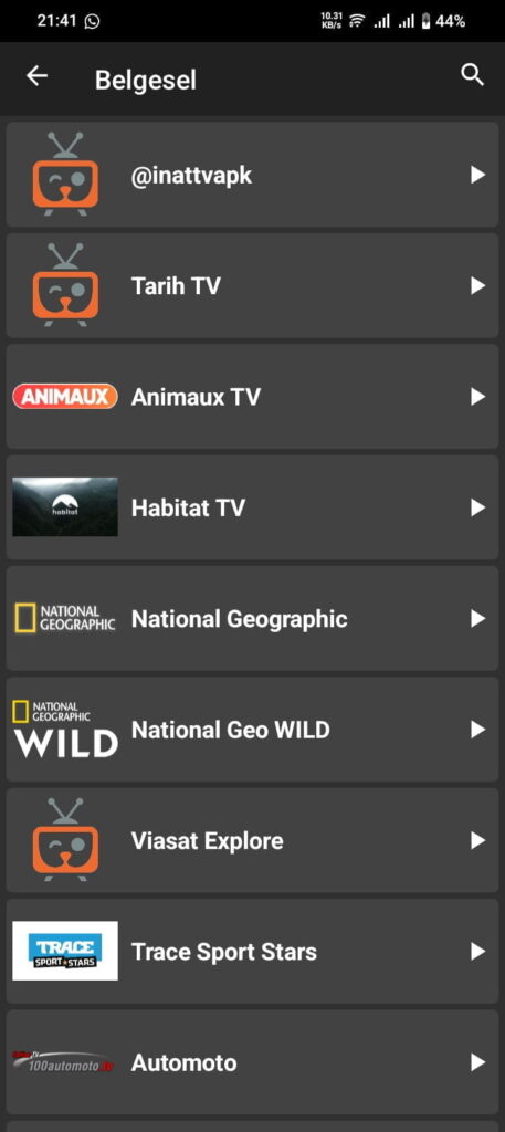 Inat Box uygulamasında Belgesel kategorisi ve TV kanalları listesi