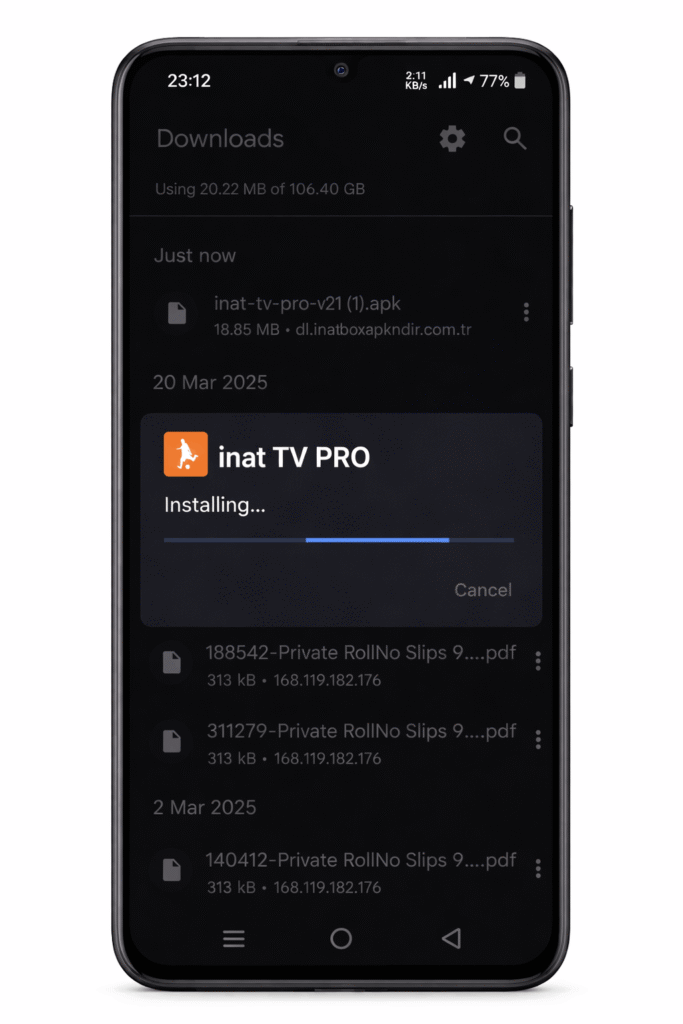 Android telefonda Inat TV Pro APK yükleme ekranı