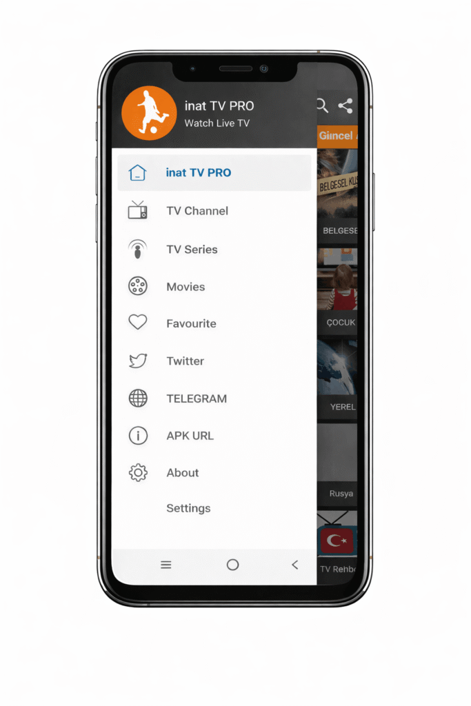 Inat TV Pro Android uygulamasının ana menü ve yan gezinme ekranı
