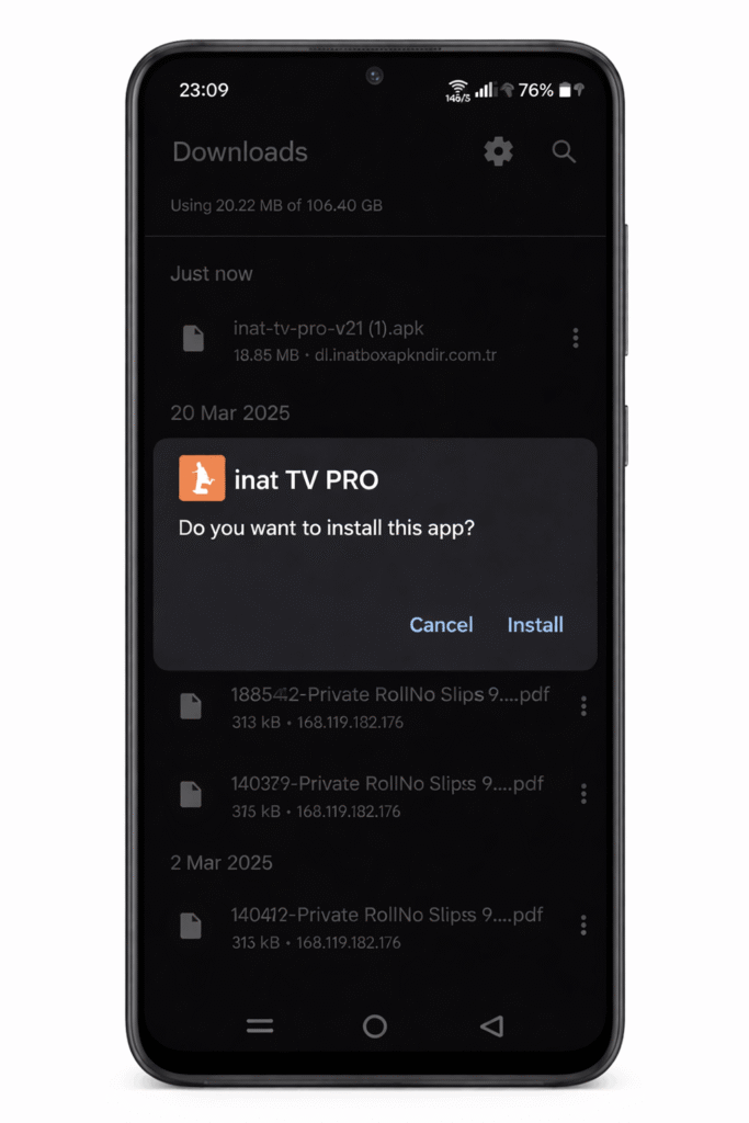 Android telefonda Inat TV Pro uygulama yükleme onay penceresi